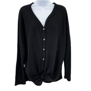 2/$30 MIHOLL Waffle Knit Knot Tie Button Down Long Sleeve Top